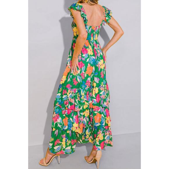 Green Floral Chiffon Sleeveless Ruffle Maxi Dress Feminine cottage core Sz L - Picture 2 of 14